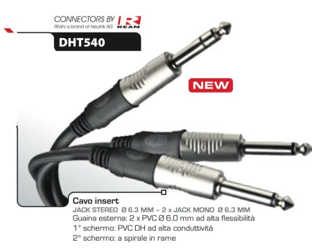 BOX BUY X 10 Dual 6.3mm jack to Stereo jack insert cable (6mm) fitted with Neutrik REAN connectors 1.8m DHT540 BOX BUY X 10 Dual 6.3mm jack to Stereo jack insert cable (6mm) fitted with Neutrik REAN connectors 1.8m DHT540